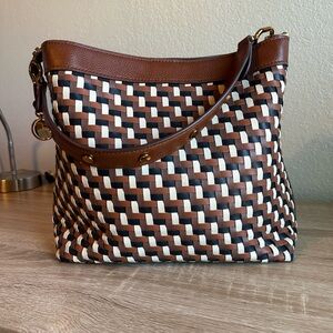 Fossil Jessica Bucket Bag Brown, White and Black Woven leather & wallet